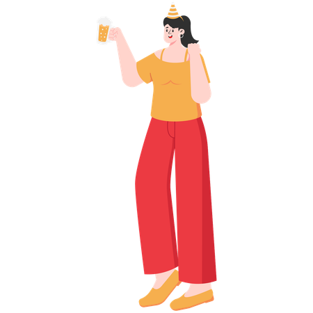 Mujer bebiendo cerveza en la víspera de año nuevo  Ilustración