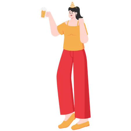 Mujer bebiendo cerveza en la víspera de año nuevo  Ilustración