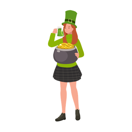 Mujer bebiendo cerveza verde y olla de oro  Ilustración