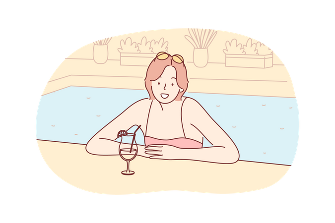 Mujer bebiendo cócteles en la natación  Ilustración