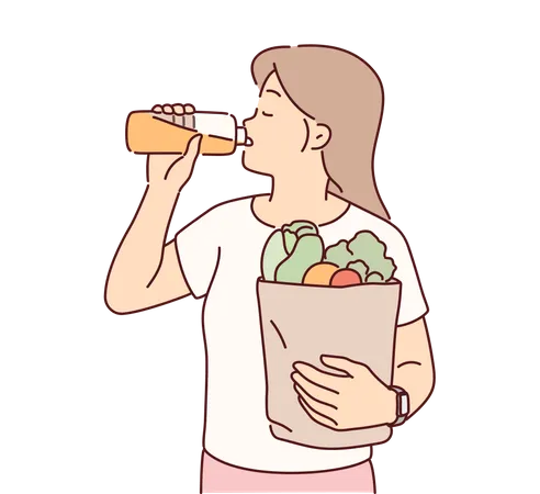 Mujer bebiendo jugo fresco  Ilustración