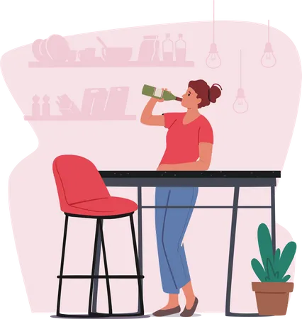 Mujer bebiendo vino de botella en casa  Ilustración