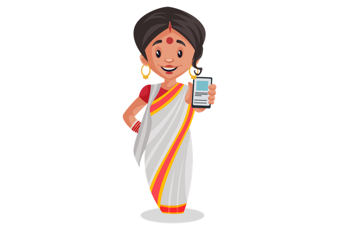Mujer bengalí sosteniendo el móvil en la mano  Ilustración