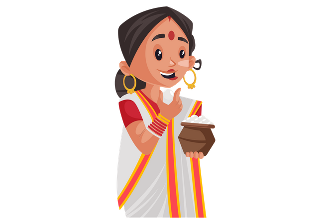 Mujer bengalí sosteniendo una olla rasgulla en la mano y comiendo rasgulla  Ilustración