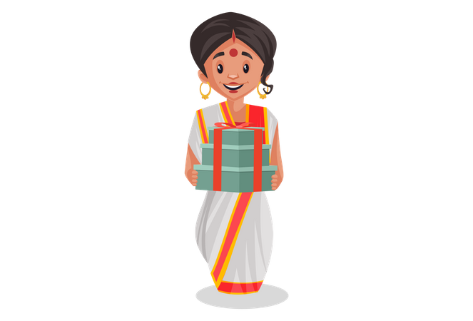 Mujer bengalí con regalos en la mano  Ilustración