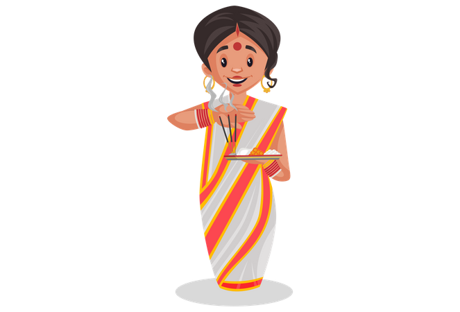 Mujer bengalí sostiene un plato de adoración en la mano  Ilustración