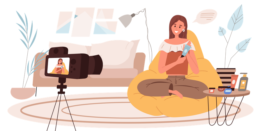 Mujer blogger revisando productos de belleza y haciendo videos  Ilustración