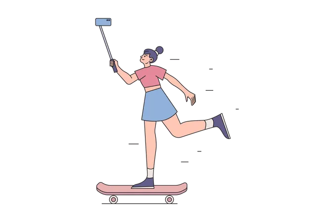 Mujer blogger grabando vídeo con móvil mientras patina  Ilustración