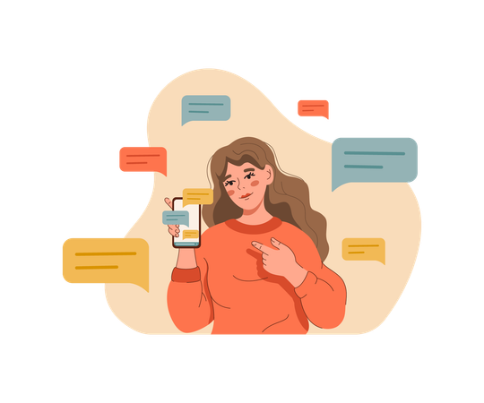 Blogger muestra teléfono con mensajes o comentarios escritos por suscriptores de redes sociales  Ilustración