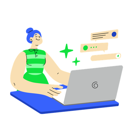 Mujer blogger trabajando en la computadora portátil  Ilustración