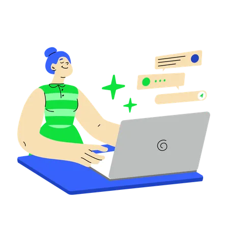 Mujer blogger trabajando en la computadora portátil  Ilustración