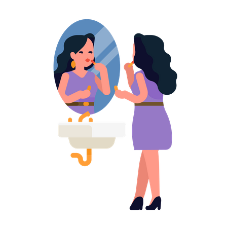 Mujer bonita aplicándose lápiz labial frente al espejo del baño  Ilustración