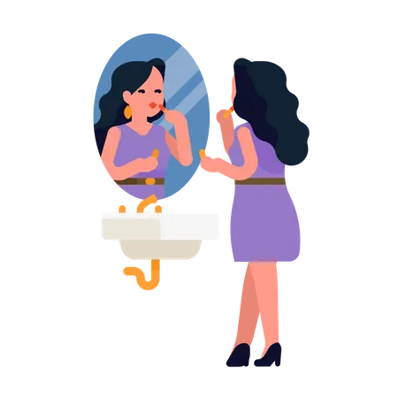 Mujer bonita aplicándose lápiz labial frente al espejo del baño  Ilustración