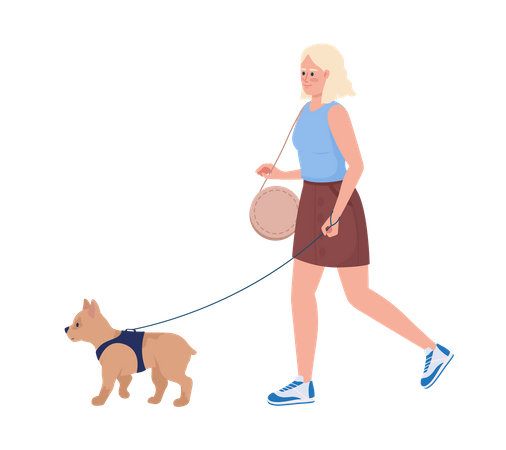 Mujer bastante joven paseando con un perro pequeño  Ilustración
