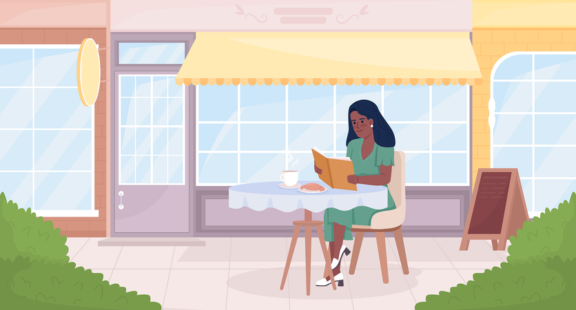 Mujer bonita leyendo un libro y tomando café sola  Ilustración