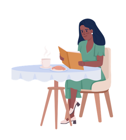 Mujer bonita leyendo un libro y tomando café sola  Ilustración