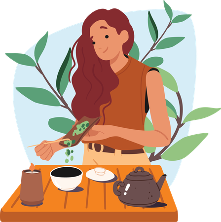 Mujer bonita preparando té verde de hierbas para una ceremonia asiática tradicional  Ilustración