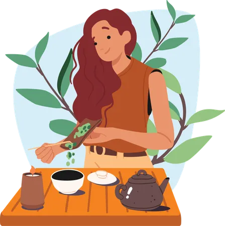 Mujer bonita preparando té verde de hierbas para una ceremonia asiática tradicional  Ilustración