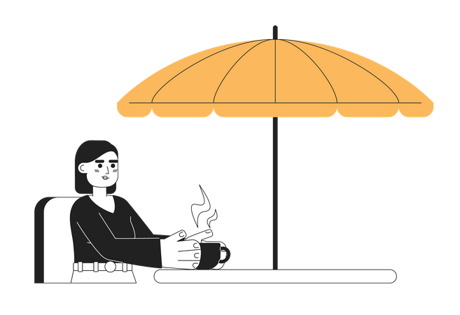 Mujer bonita sentada afuera con una taza de café  Ilustración