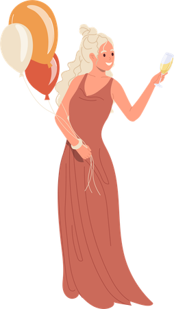 Mujer bonita sosteniendo un globo y una copa de champán para felicitar  Ilustración