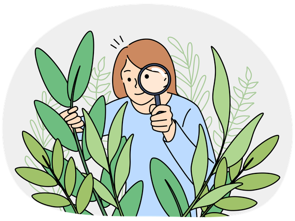 Una mujer botánica con lupa observa las plantas.  Ilustración