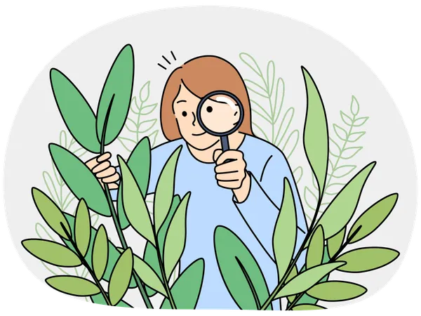 Una mujer botánica con lupa observa las plantas.  Ilustración