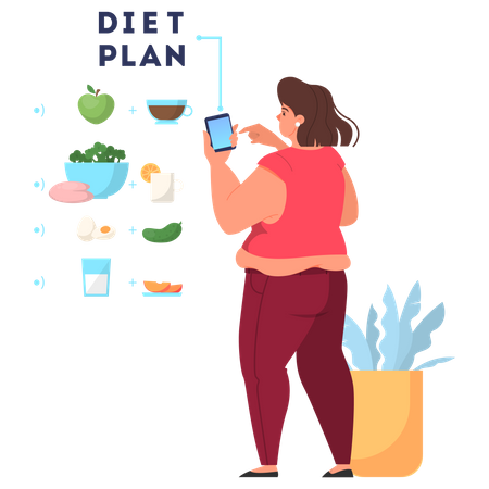 Mujer mirando plan de dieta  Ilustración