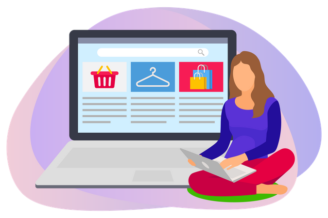 Mujer buscando productos en el sitio web de compras en línea.  Ilustración