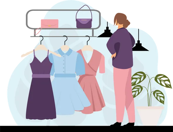 Mujer buscando comprar vestido  Ilustración