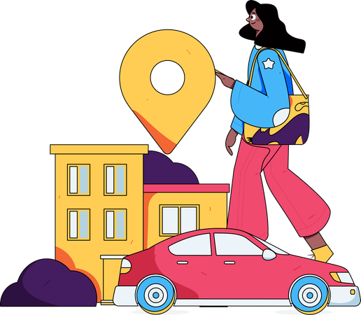 Mujer buscando ubicación para reservar un taxi en línea  Ilustración