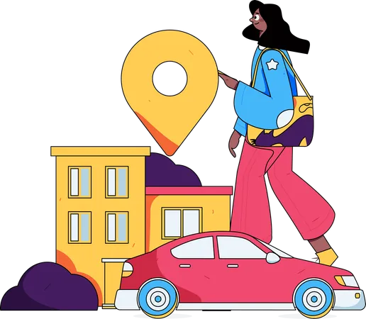 Mujer buscando ubicación para reservar un taxi en línea  Ilustración