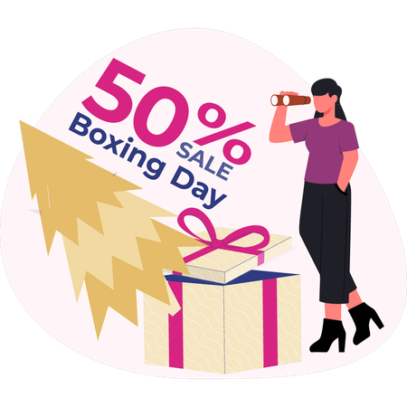 Mujer buscando una oferta del 50 por ciento el día del boxeo  Ilustración