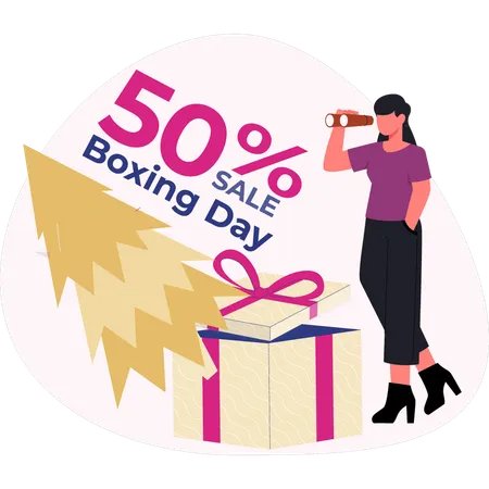 Mujer buscando una oferta del 50 por ciento el día del boxeo  Ilustración