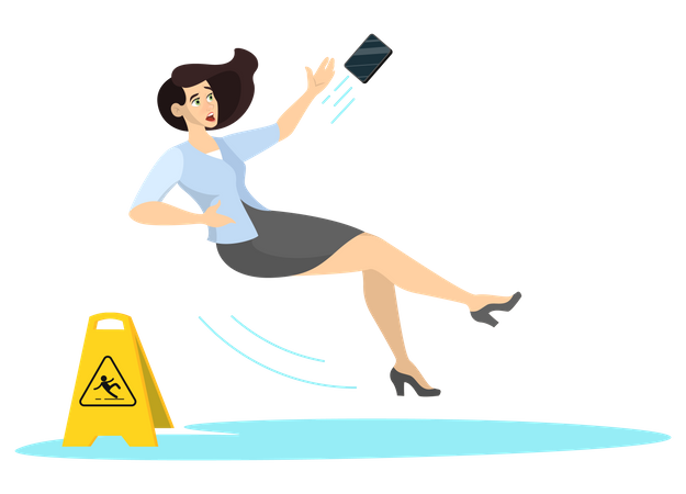 Mujer cae por piso mojado  Ilustración