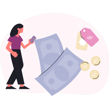 Mujer calcula descuento absorbiendo beneficio  Illustration