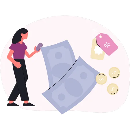 Mujer calcula descuento absorbiendo beneficio  Illustration