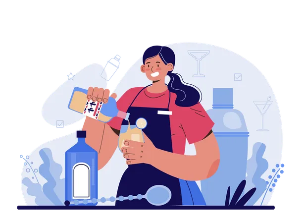 Camarera preparando bebidas alcohólicas con coctelera  Ilustración