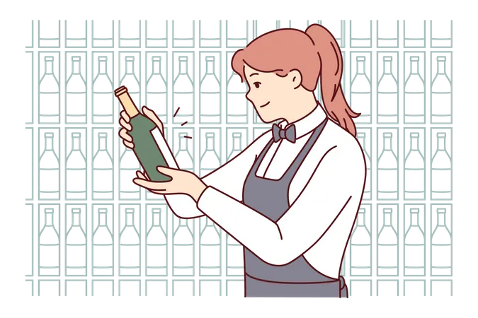Camarera sirviendo una botella de vino  Ilustración