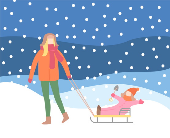 Mujer caminando al aire libre en colinas nevadas  Ilustración