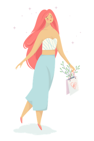 Mujer caminando con bolsa de compras  Ilustración