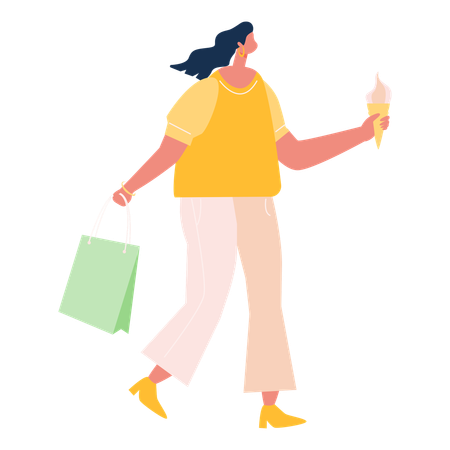 Mujer caminando con bolsa de compras y helado  Ilustración