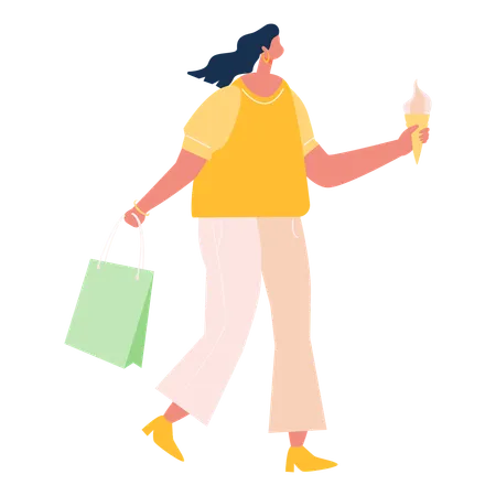 Mujer caminando con bolsa de compras y helado  Ilustración