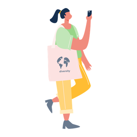 Mujer caminando con bolsa ecológica y usando móvil  Ilustración