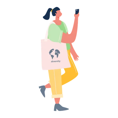 Mujer caminando con bolsa ecológica y usando móvil  Ilustración