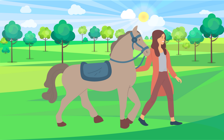 Mujer caminando a caballo  Ilustración