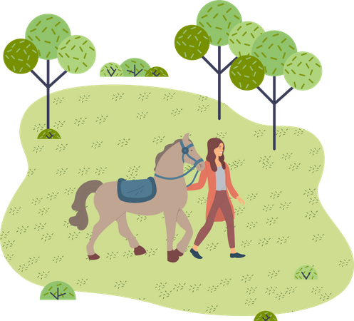 Mujer caminando a caballo en el parque  Ilustración