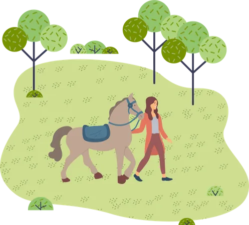 Mujer caminando a caballo en el parque  Ilustración