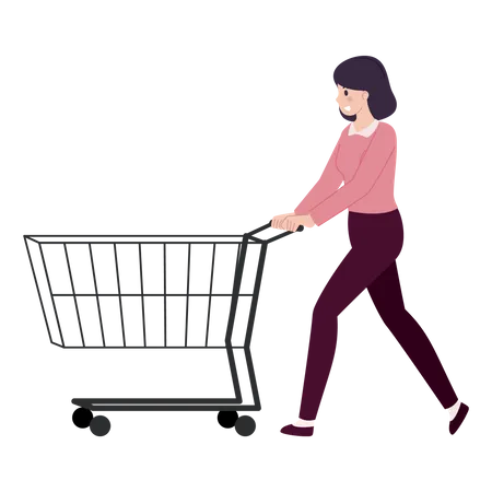 Mujer caminando con carrito de compras  Ilustración