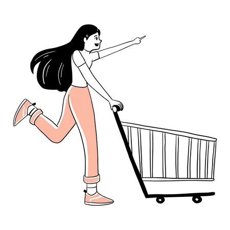 Mujer caminando con carrito de compras  Ilustración