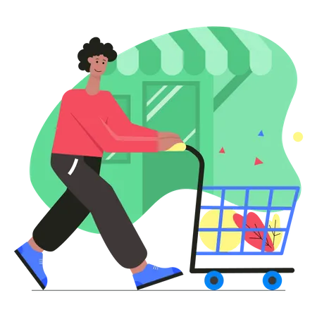 Mujer caminando con carrito de compras  Ilustración